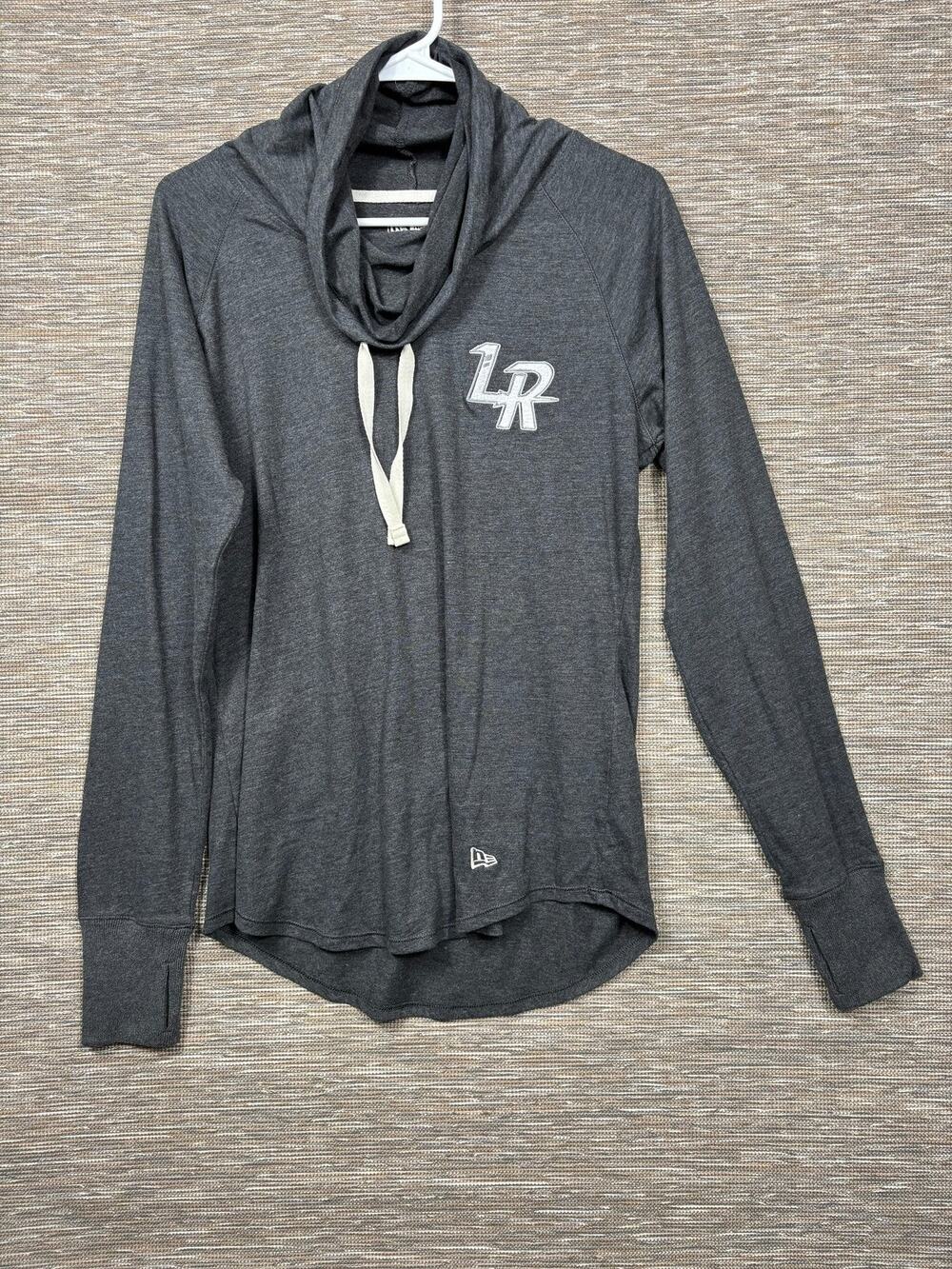 LR Logo Shirt Womens Medium Gray New Era Long Sleeve Cowl Neck Hooded Top